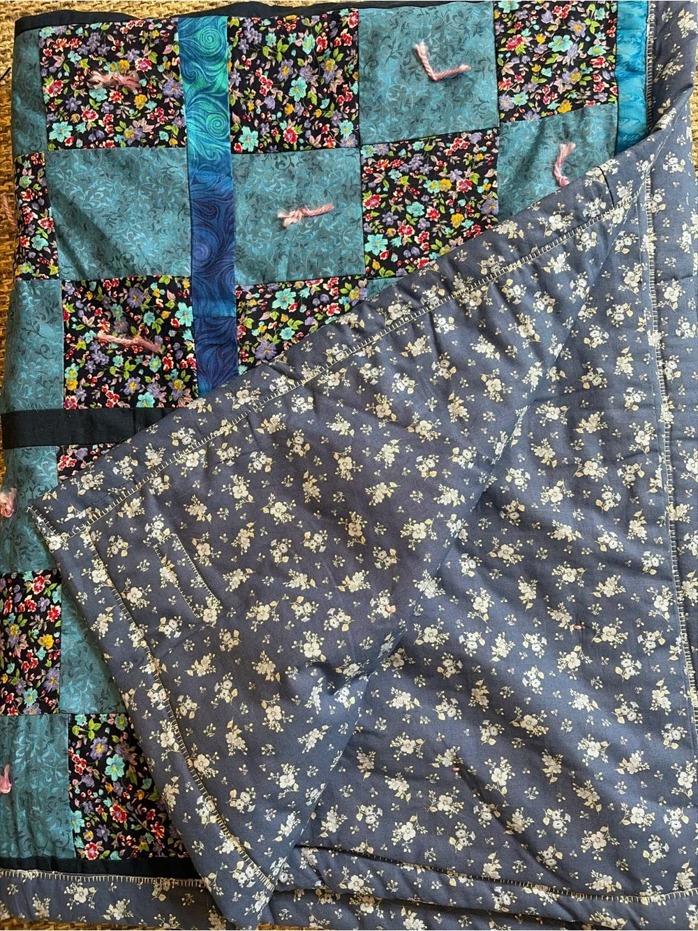 Handmade Blue Floral Patchwork Quilt - Blue